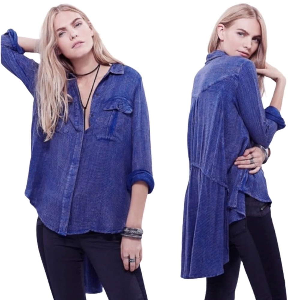 Free People One Of The Guys Blue Waffle Knit Oversized Button Down Size Small